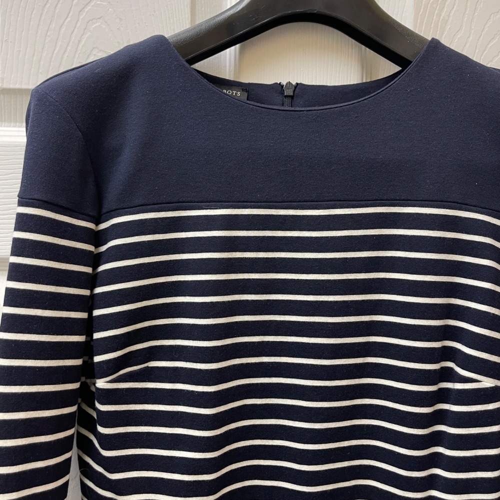 Talbots Womens  Navy White Peplum Waist Knit Top‎ 3/4 Sleeves Back Zipper Small